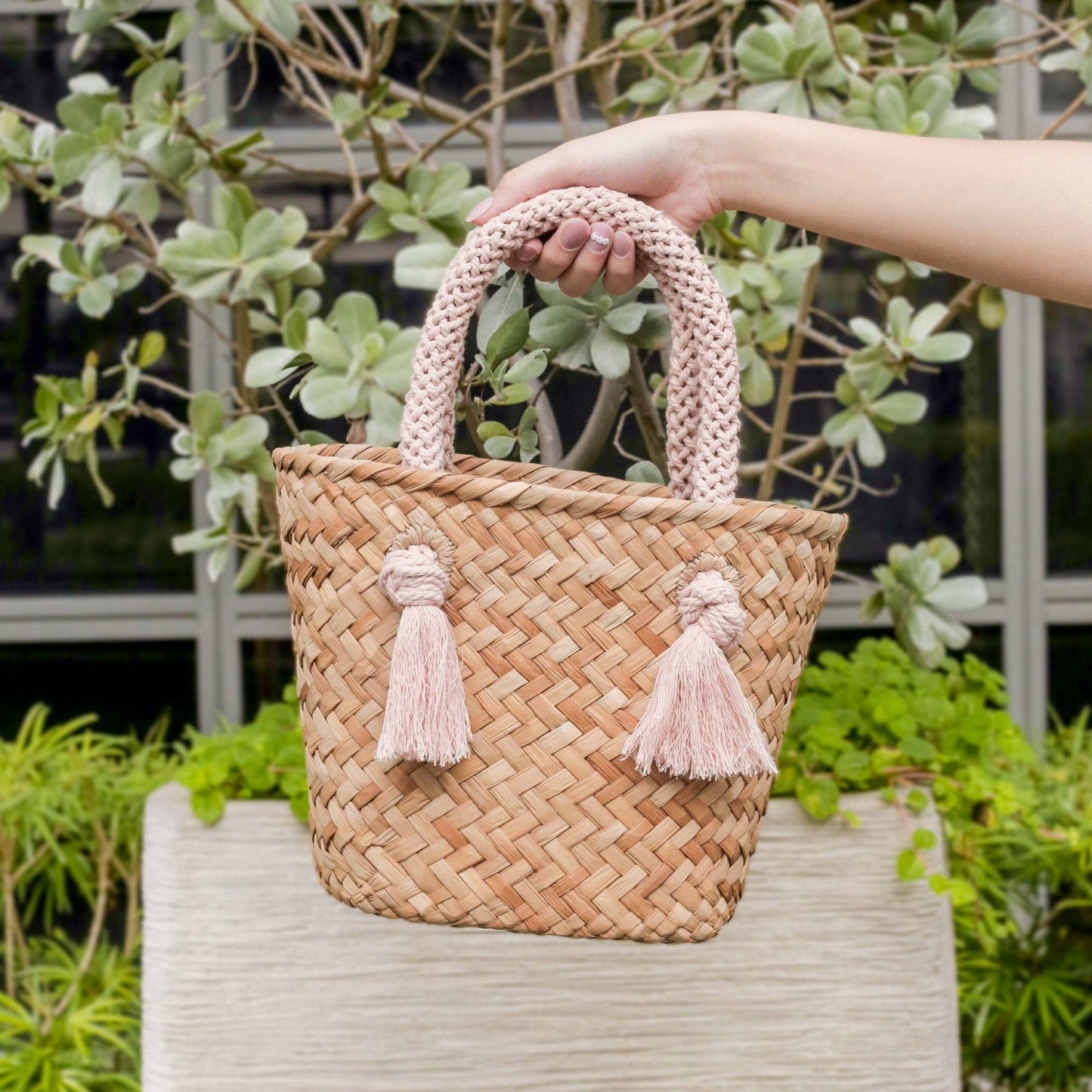 Small Modern Woven Tote with Unique Handles Dusty Rose