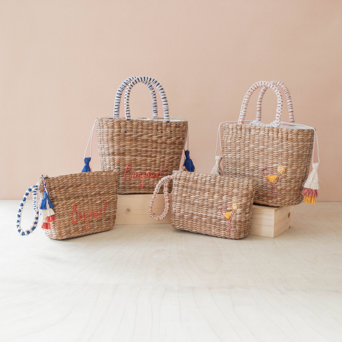 Mini Woven Tote Bag with Embroidered Cocktail