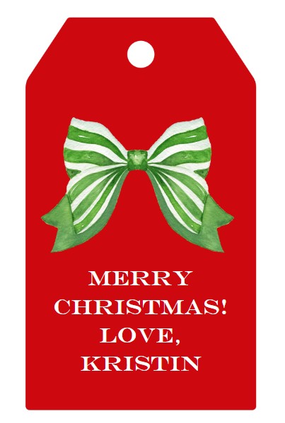 Mimi Paper Holiday Large Gift Tag Personalized - Red with Green Stripe Bow