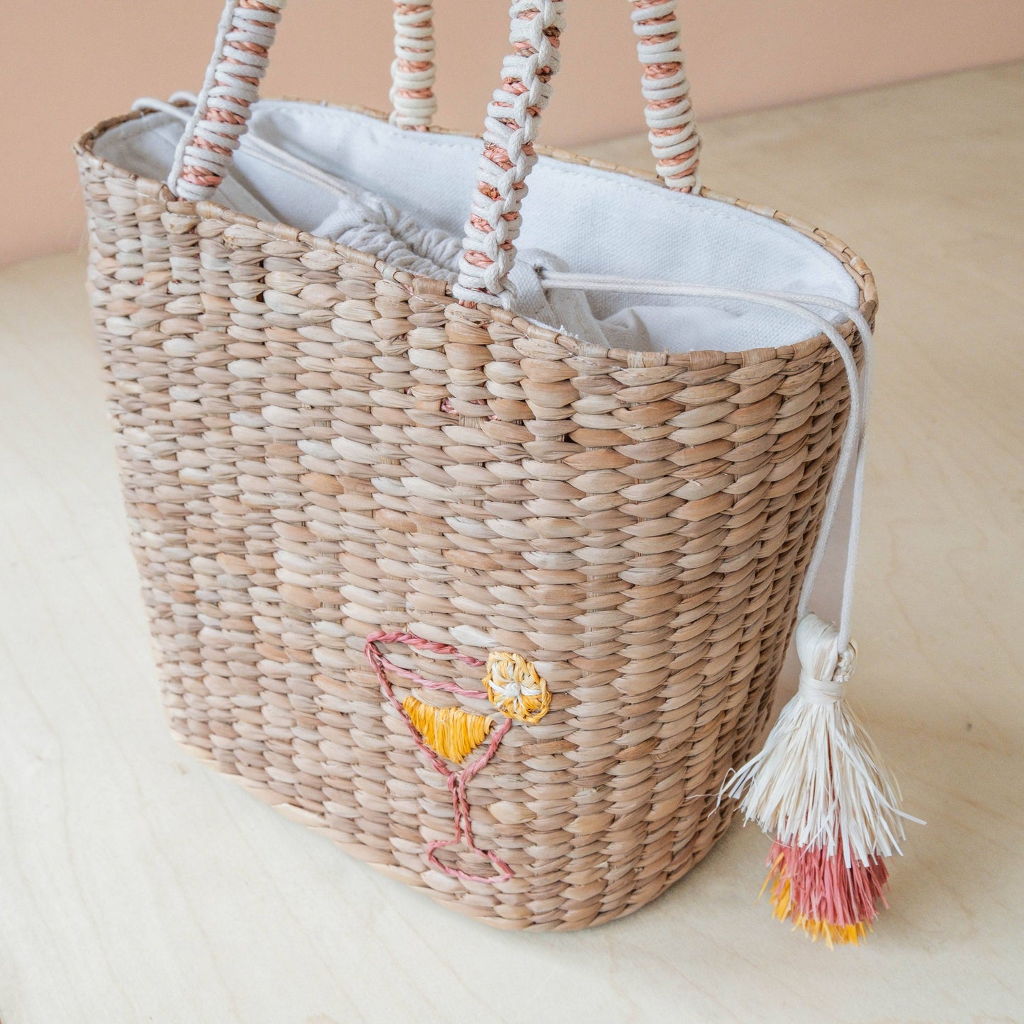 Mini Woven Tote Bag with Embroidered Cocktail