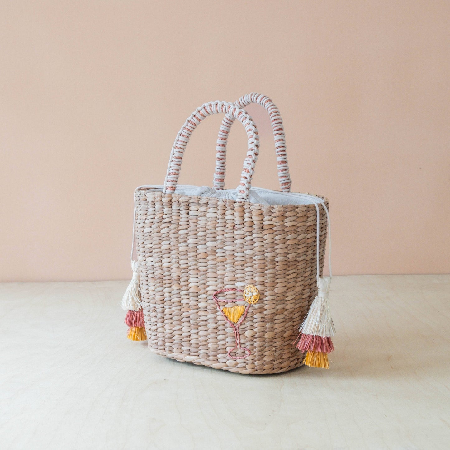 Mini Woven Tote Bag with Embroidered Cocktail