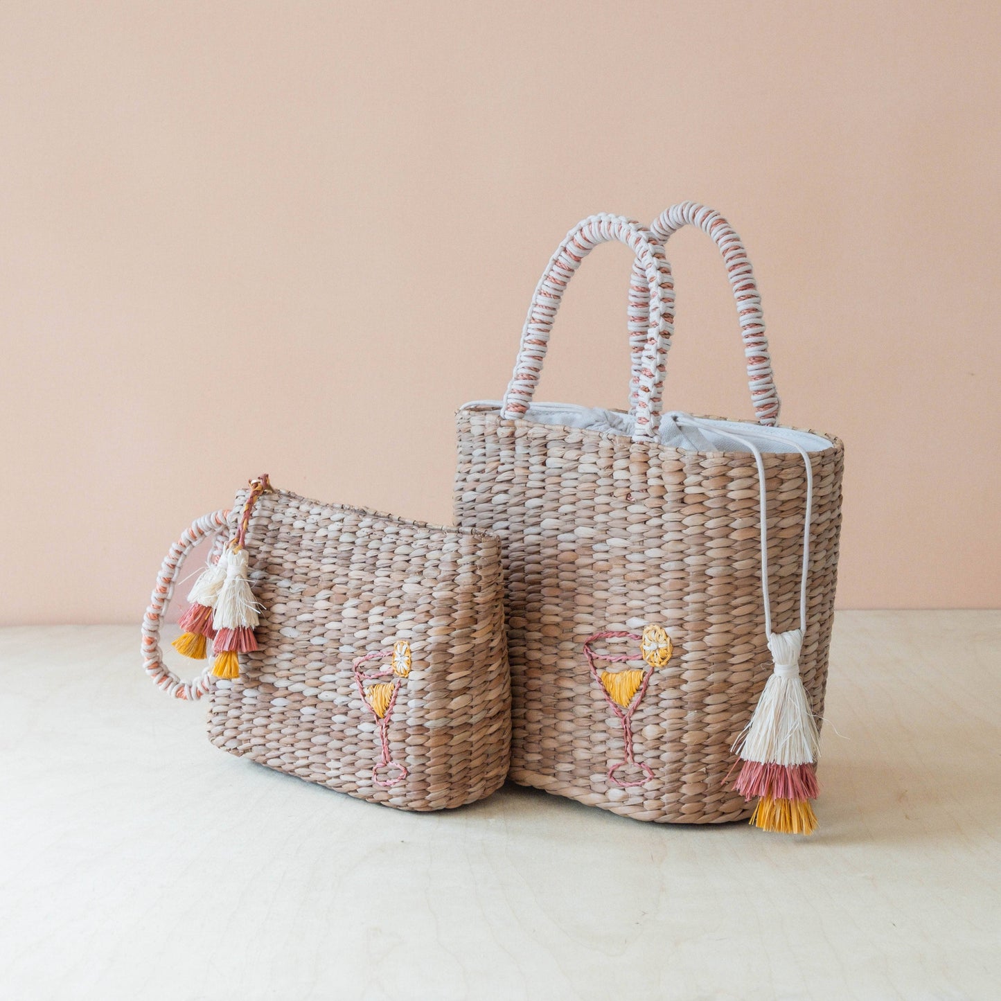 Mini Woven Tote Bag with Embroidered Cocktail