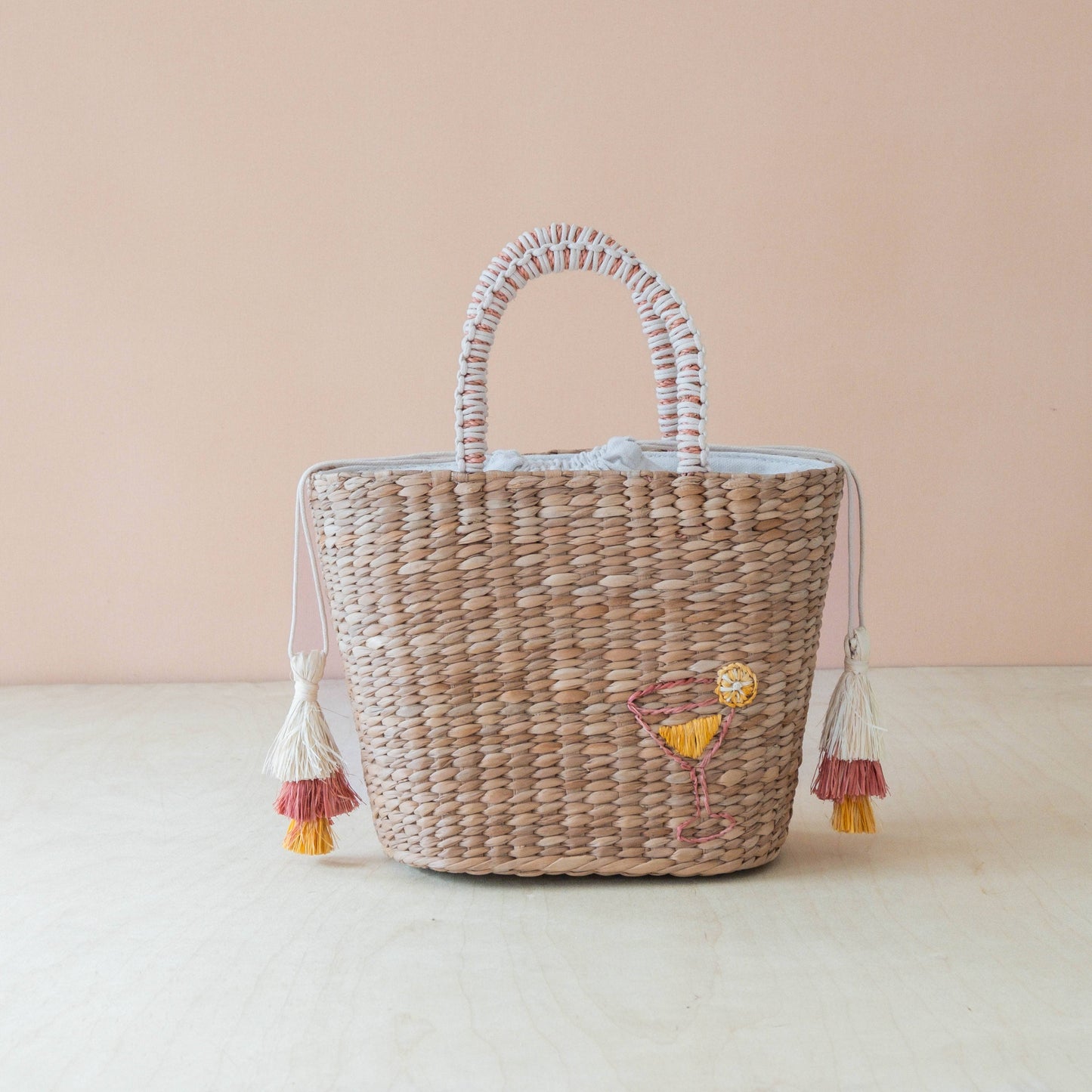 Mini Woven Tote Bag with Embroidered Cocktail