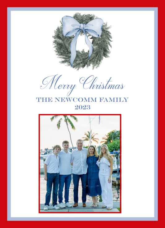 Mimi Paper Holiday Photo Card - Wreath with Light Blue Bow