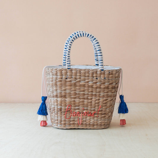Mini Woven Tote Bag with Embroidered Bonjour – Handwoven Beach Tote | LIKHÂ