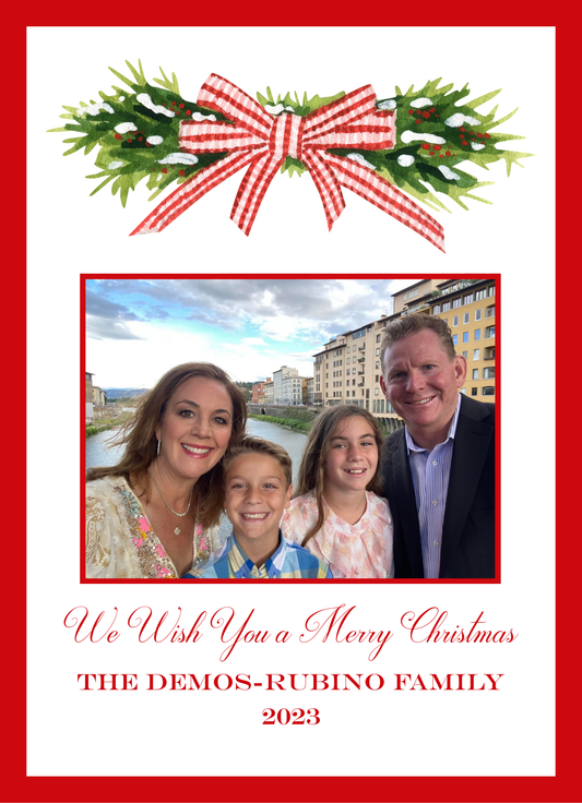 Mimi Paper Holiday Photo Card - Holiday Greens With Check Bow