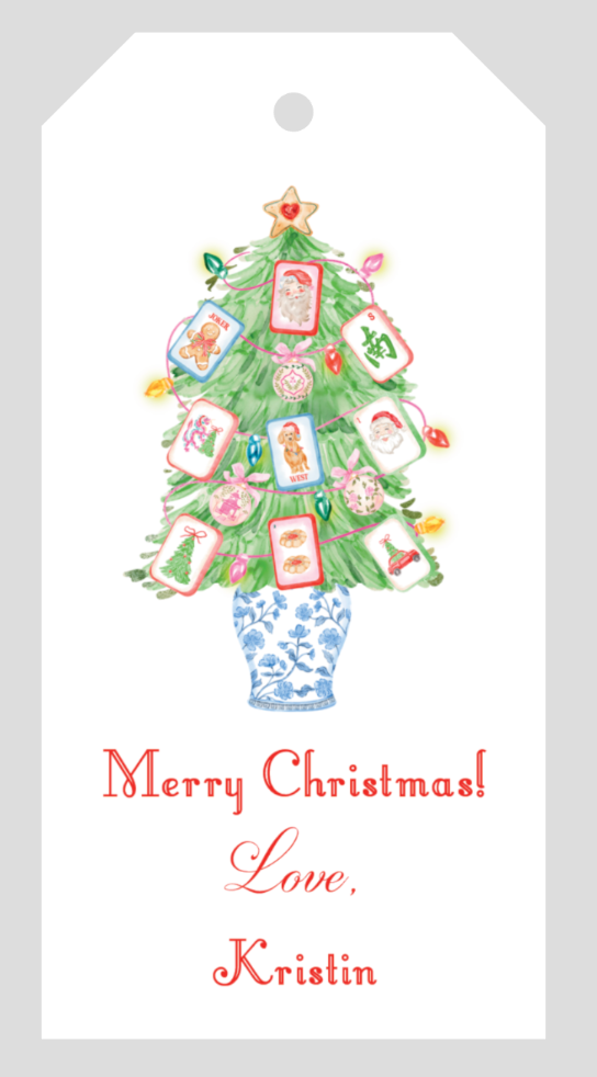 Mimi Paper Holiday Large  Gift Tag Personalized - Chinoiserie Mahjong Tree Blue