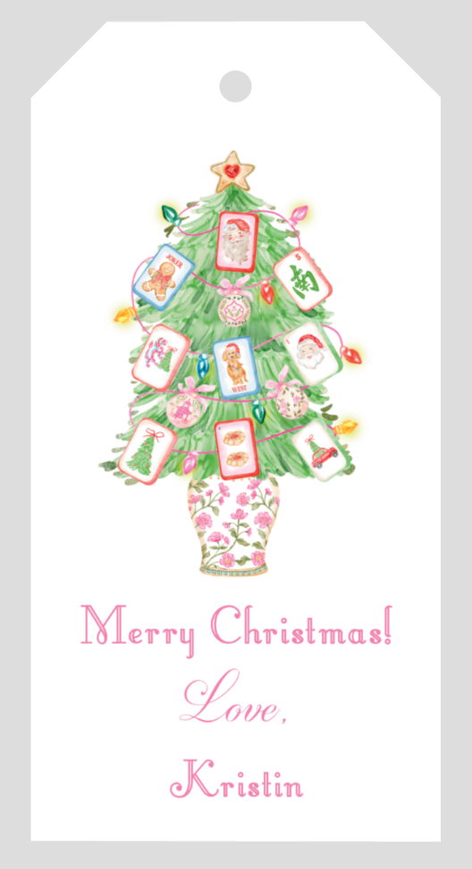 Mimi Paper Holiday Large  Gift Tag Personalized - Chinoiserie Mahjong Tree Pink