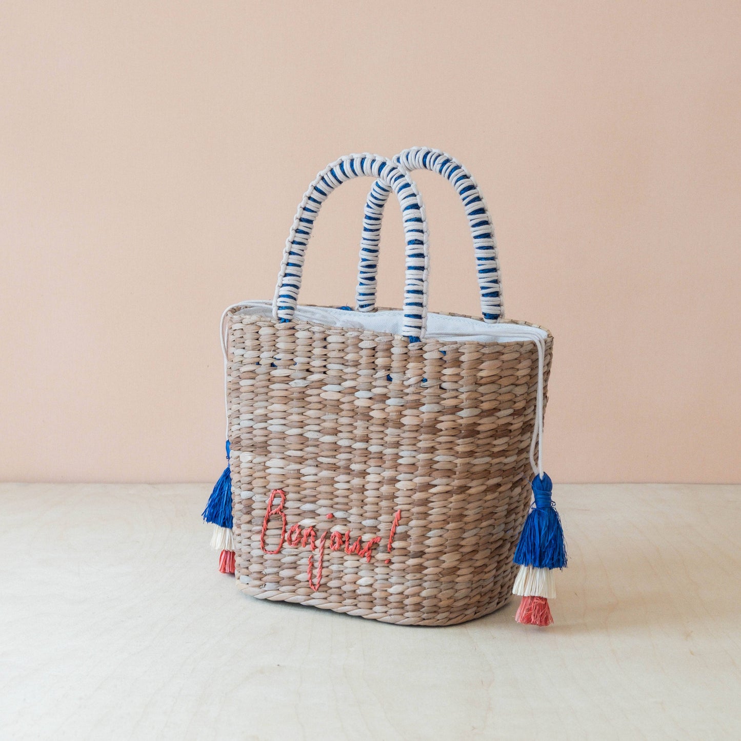Mini Woven Tote Bag with Embroidered Bonjour – Handwoven Beach Tote | LIKHÂ