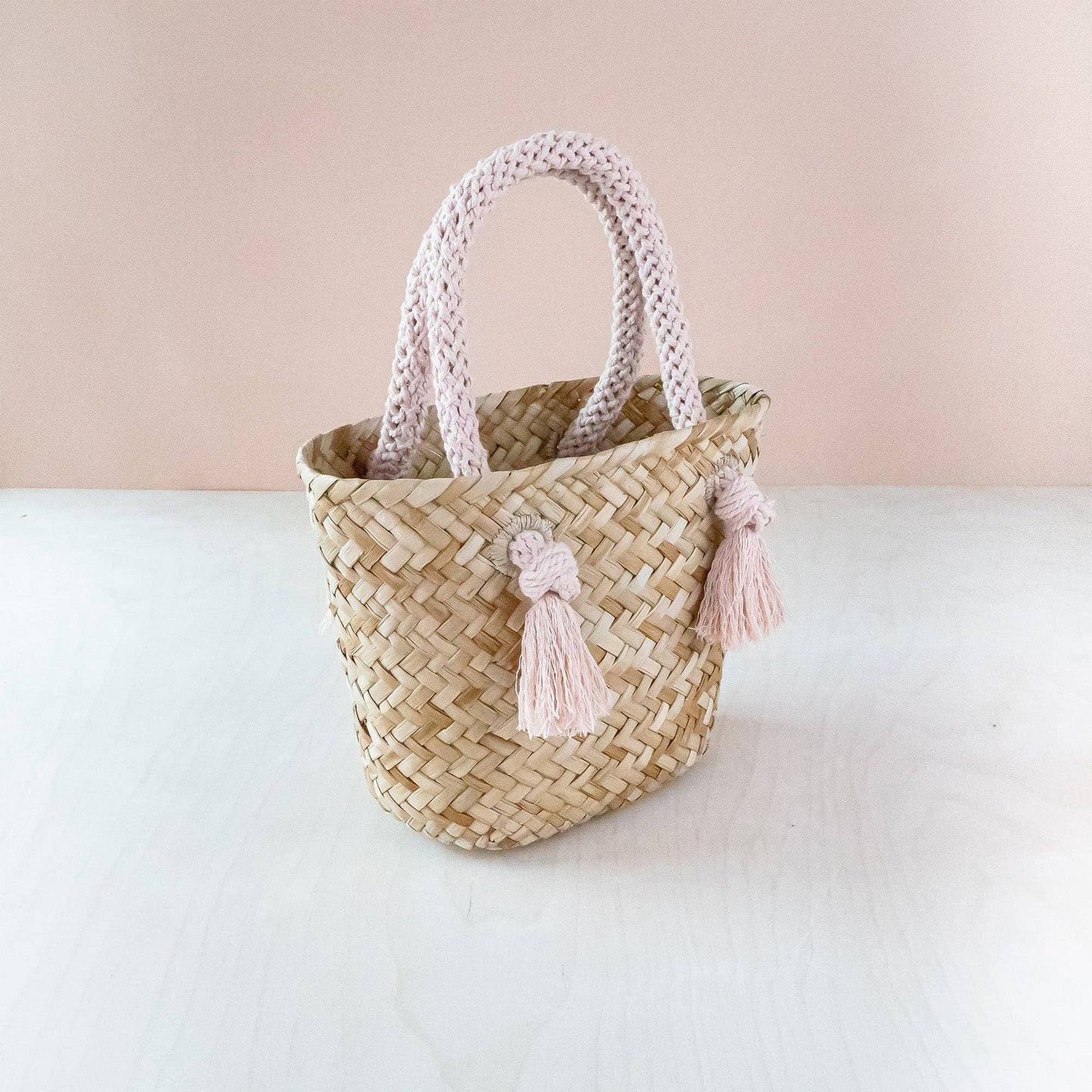 Small Modern Woven Tote with Unique Handles Dusty Rose