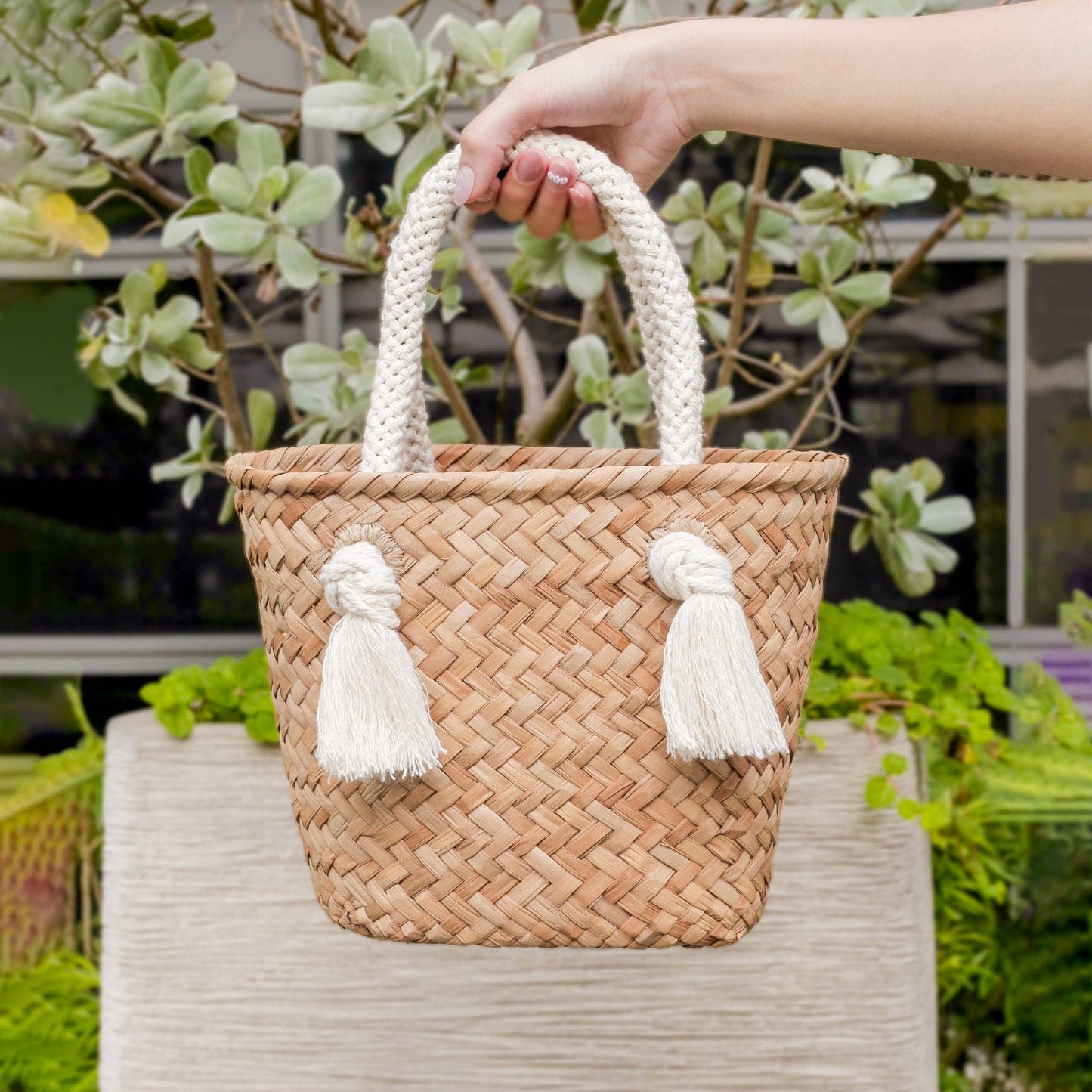 Small Classic Market Tote with Braided Handles Oat