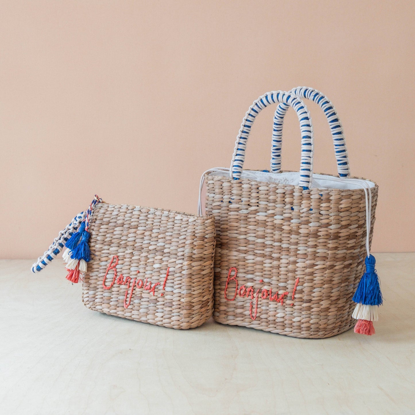 Mini Woven Tote Bag with Embroidered Bonjour – Handwoven Beach Tote | LIKHÂ