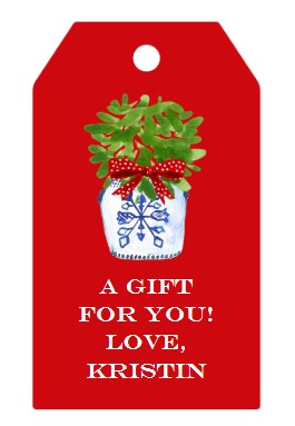 Mimi Paper Holiday Large Gift Tag Personalized - Chinoiserie Blue and White Pot with Holiday Greens